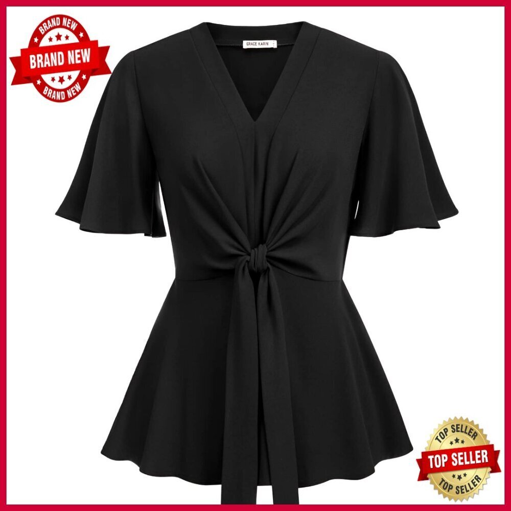 V-Neck Peplum Top with Bell Sleeves, Slim Fit, Polyester Blend